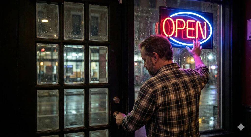 The bartender locks the door behind them and turns off the neon OPEN sign.
