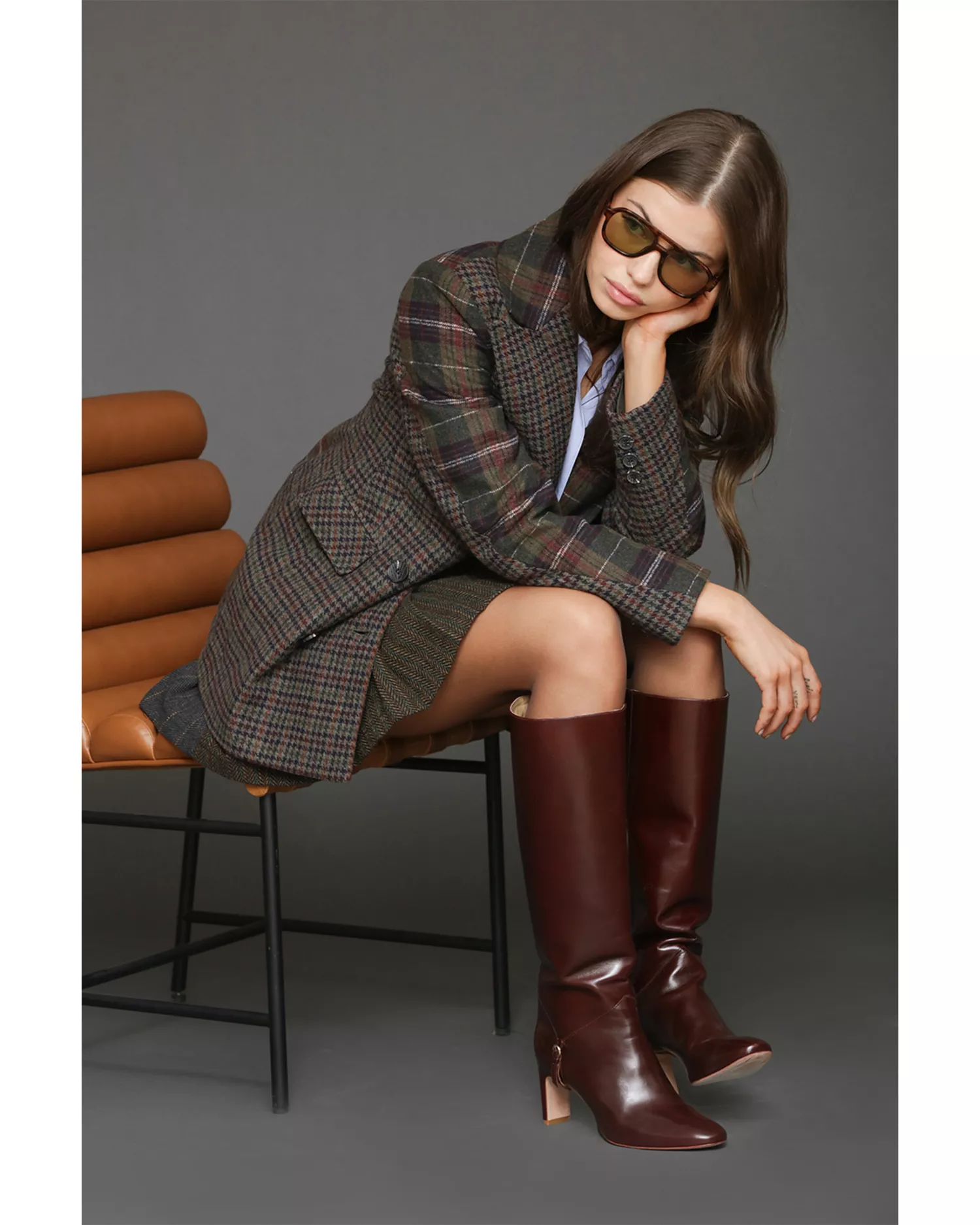 Avec Les Filles Pattern Block Plaid Blazer - Olive Burgundy Plaid - [M]