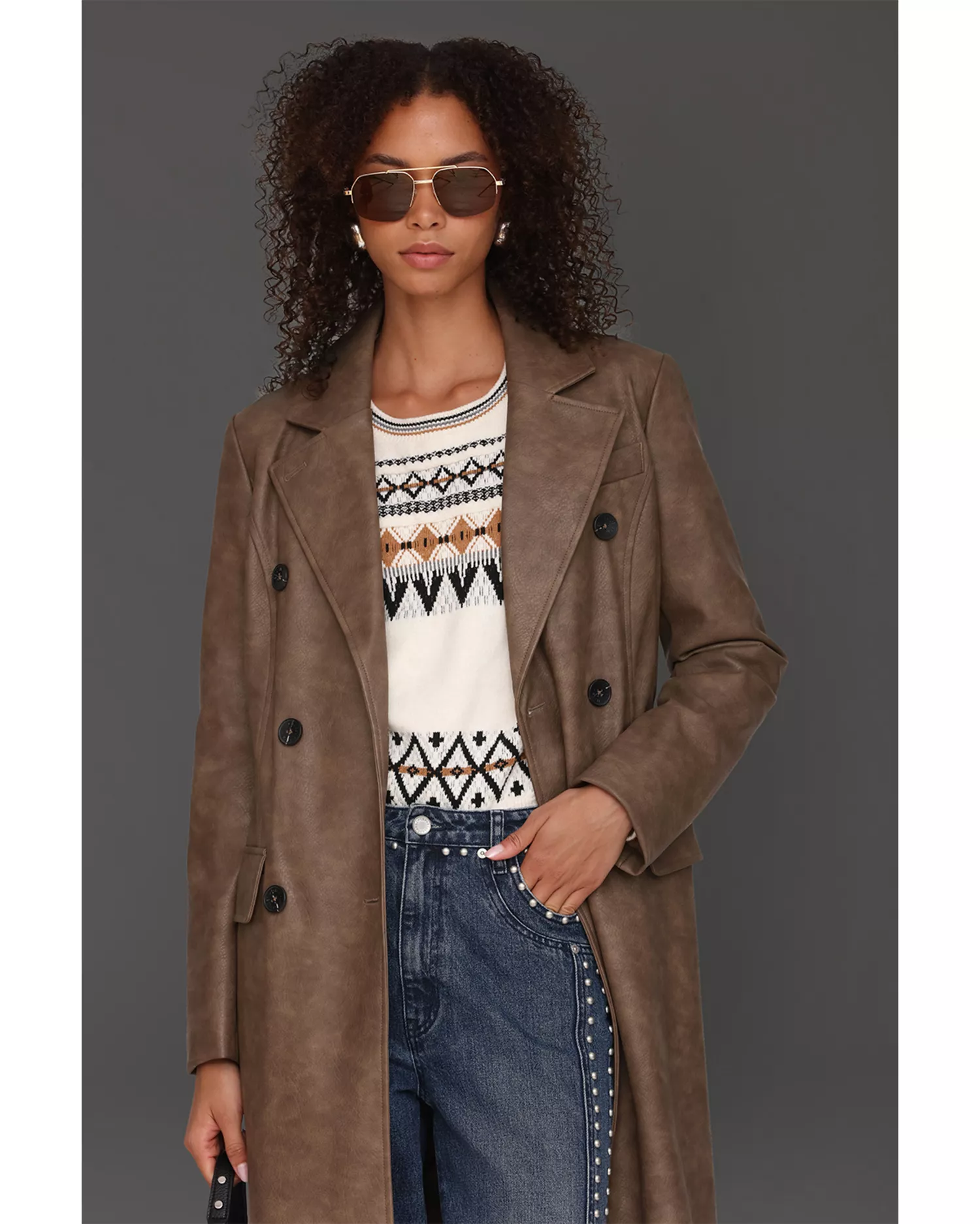 Avec Les Filles Faux-Ever Leather Belted Trench Coat - Java - [M]