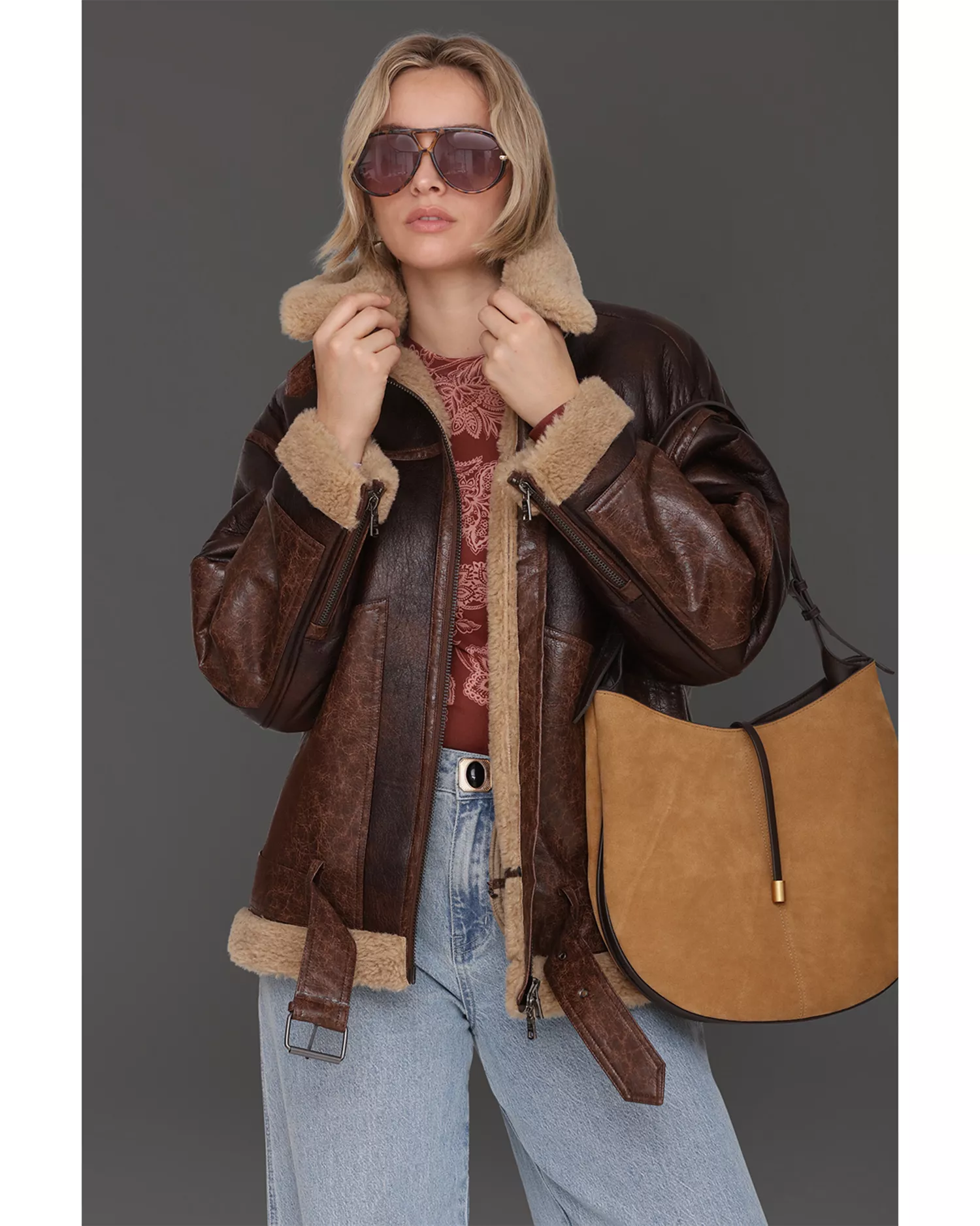 Avec Les Filles Faux Fur Trim Moto Jacket - Brown-Teddy - [M]