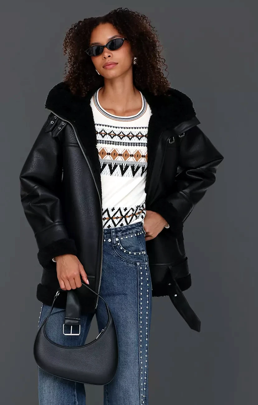 Avec Les Filles Faux Shearling Hooded Coat - Black - [M]