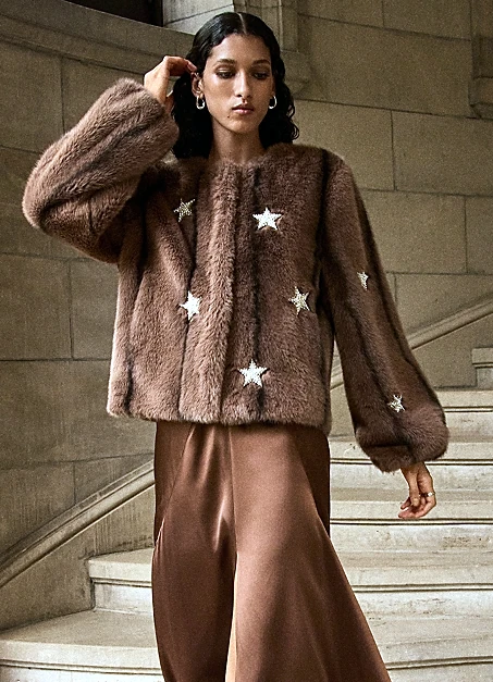 Cinq a Sept Benson Mixed Star Faux Fur Jacket - Taupe - [M]