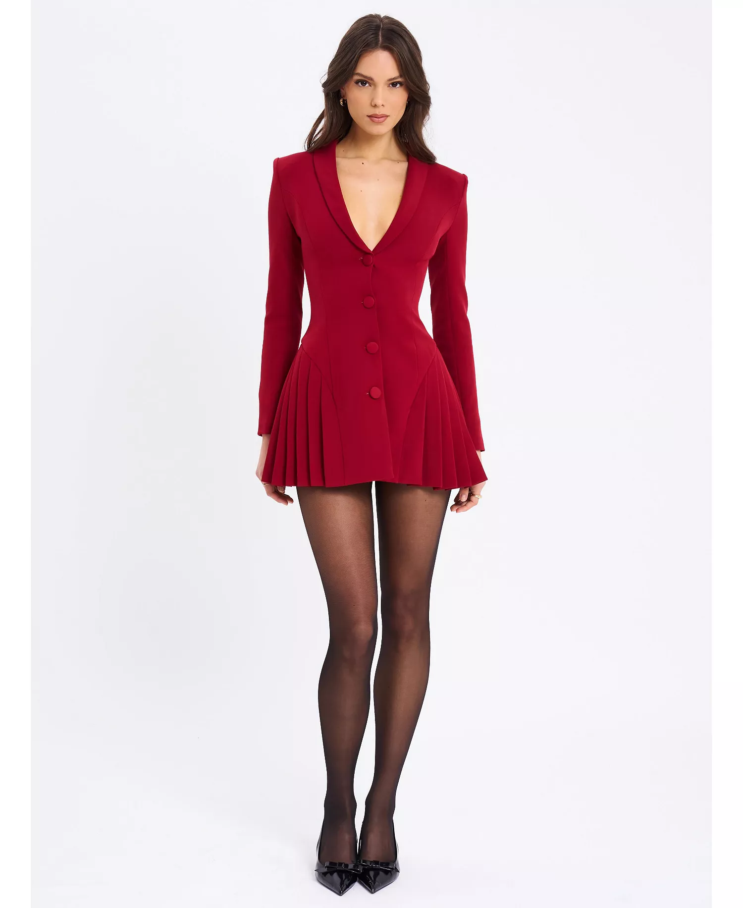 Miss Circle Delia Long Sleeve Blazer Dress with Pleated Skirt Detail - Burgundy - [M]