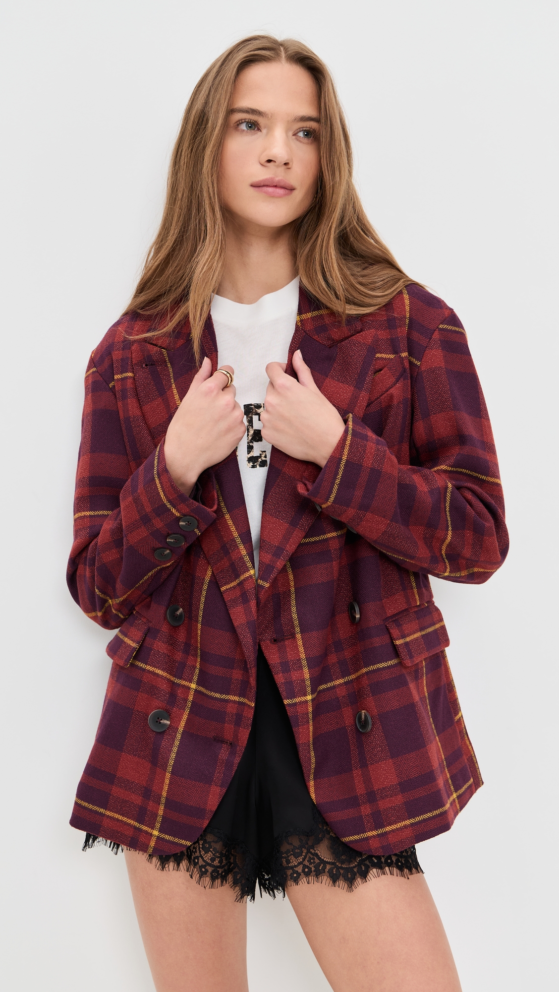 Free People Dean Double Breasted Blazer - Plum Combo - [M]